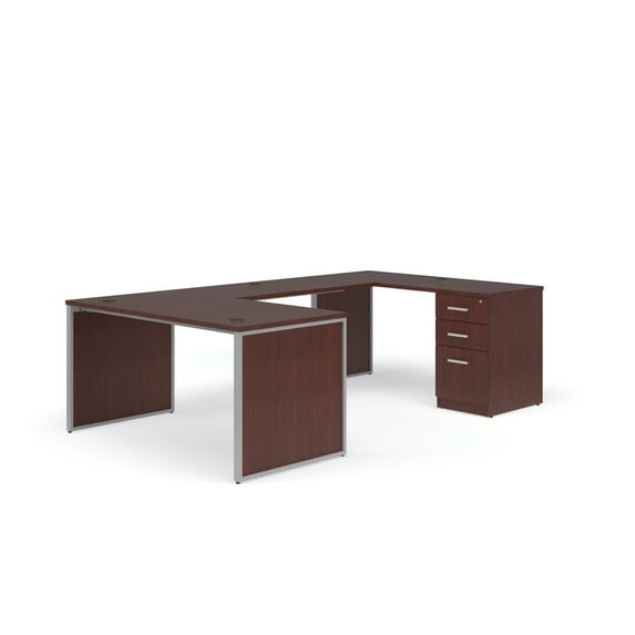 OFM Fulcrum Series Office Furniture Set, 60" U-Shaped Desk with Bridge, Credenza, 3-drawer Filing Cabinet, Leg Panels, in Mahogany