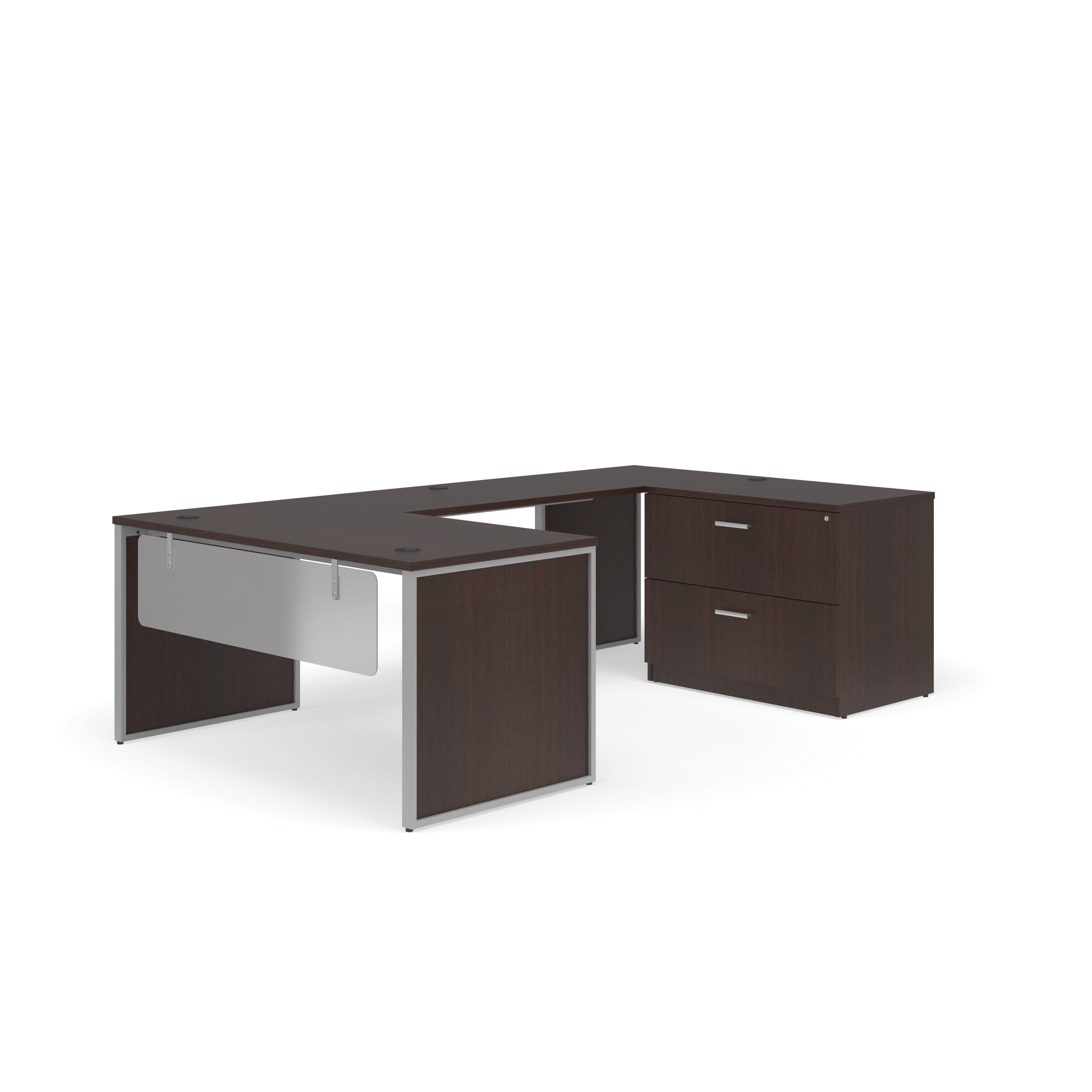 OFM Fulcrum Series Office Furniture Set, 60" U-Shaped Desk with Bridge, Credenza, Lateral Filing Cabinet, Leg Panels, Modesty Panels, in Espresso