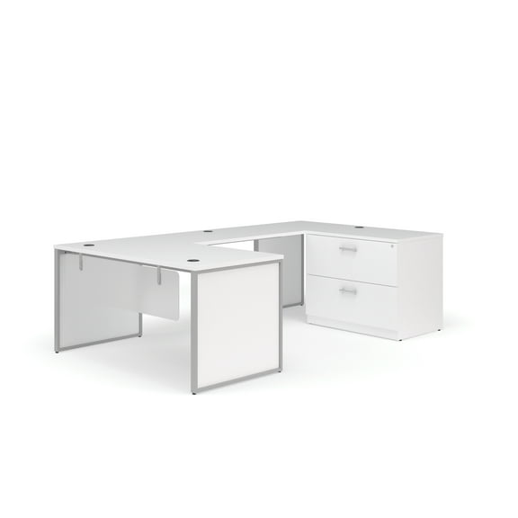 OFM Fulcrum Series Office Furniture Set, 60" U-Shaped Desk with Bridge, Credenza, Lateral Filing Cabinet, Leg Panels, Modesty Panels, in White