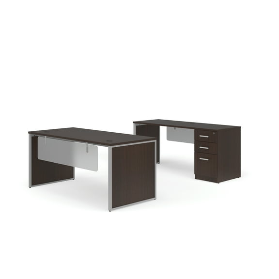 OFM Fulcrum Series Office Furniture Set, 66" Table Desk, 66" Credenza, 3-drawer Filing Cabinet, Modesty Panel, Leg Panels, in Espresso