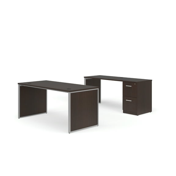OFM Fulcrum Series Office Furniture Set, 66" Table Desk, 66" Credenza, Filing Cabinet, Leg Panels, in Espresso