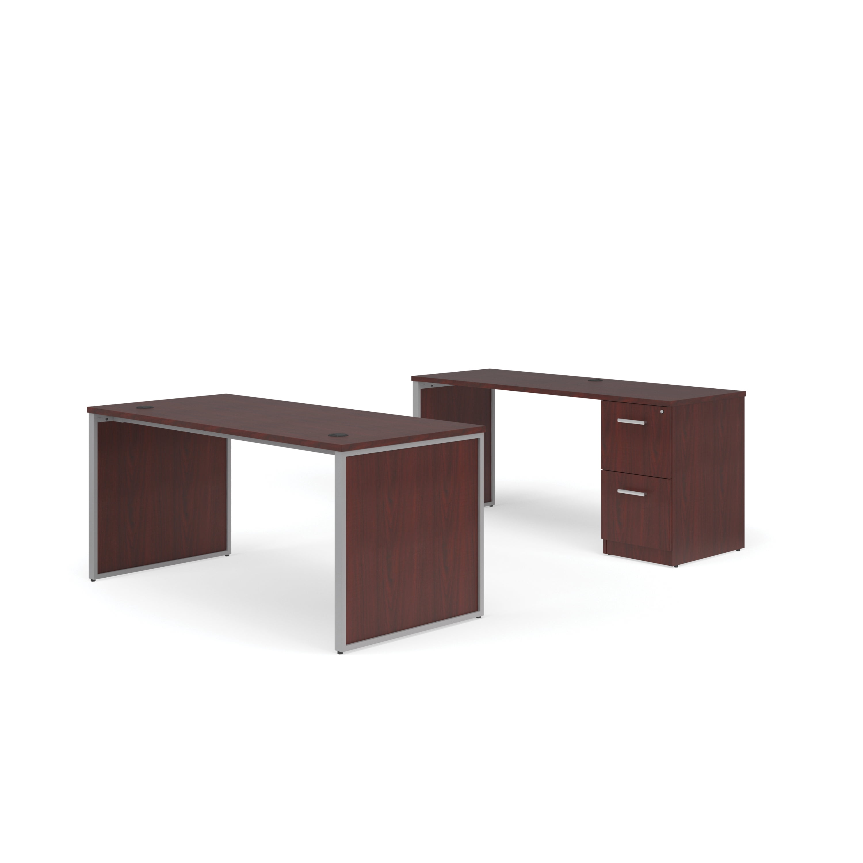 OFM Fulcrum Series Office Furniture Set, 66" Table Desk, 66" Credenza, Filing Cabinet, Leg Panels, in Mahogany