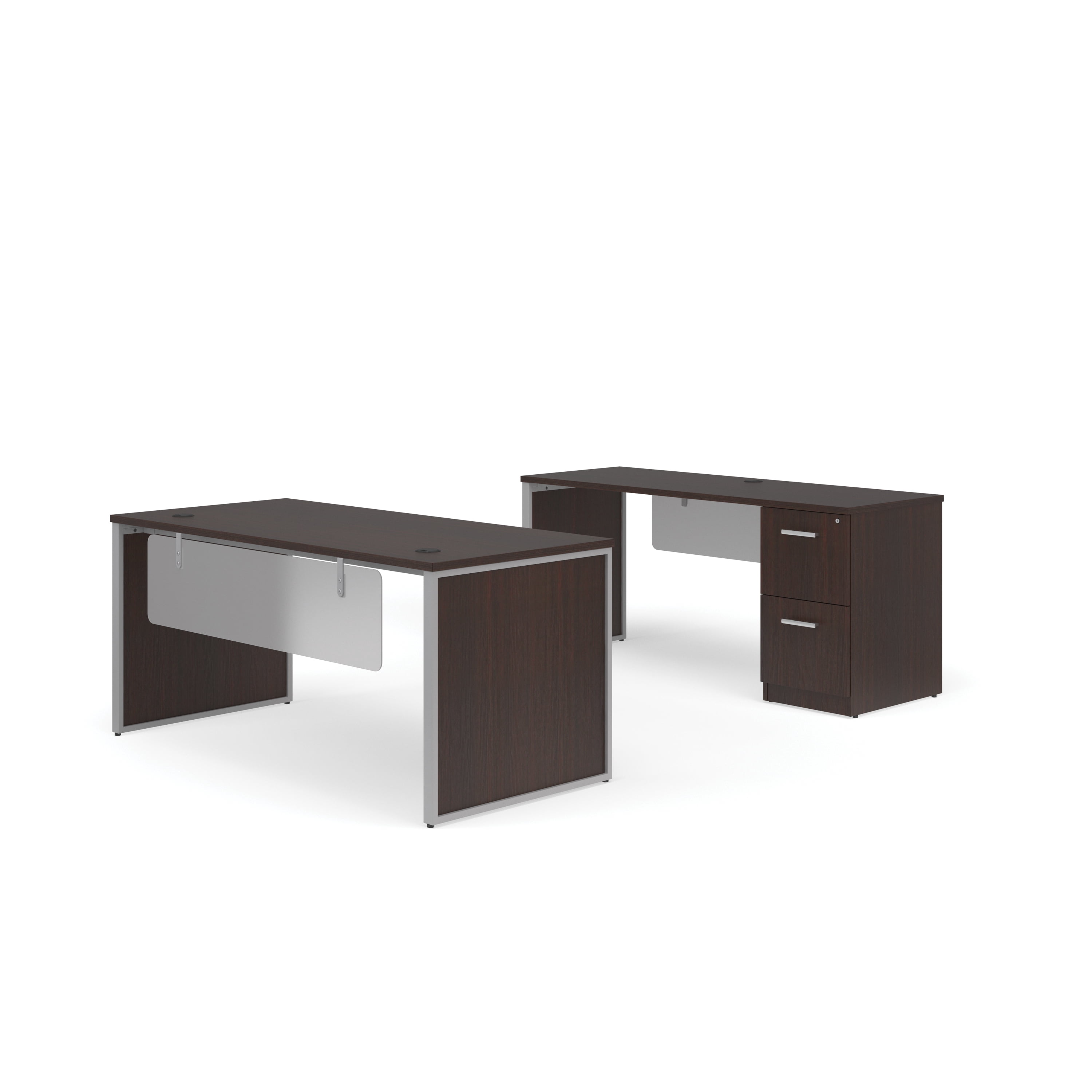 OFM Fulcrum Series Office Furniture Set, 66" Table Desk, 66" Credenza, Filing Cabinet, Modesty Panel, Leg Panels, in Espresso