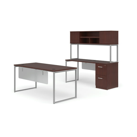 OFM Fulcrum Series Office Furniture Set, 66" Table Desk, 66" Credenza, Lateral 2-drawer Filing Cabinet, Hutch, Modesty Panel, in Mahogany