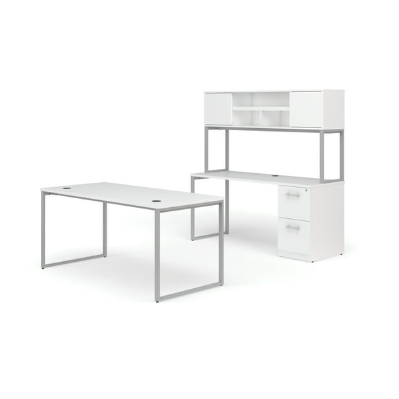 OFM Fulcrum Series Office Furniture Set, 66" Table Desk, 66" Credenza, Lateral 2-drawer Filing Cabinet, Hutch, in White