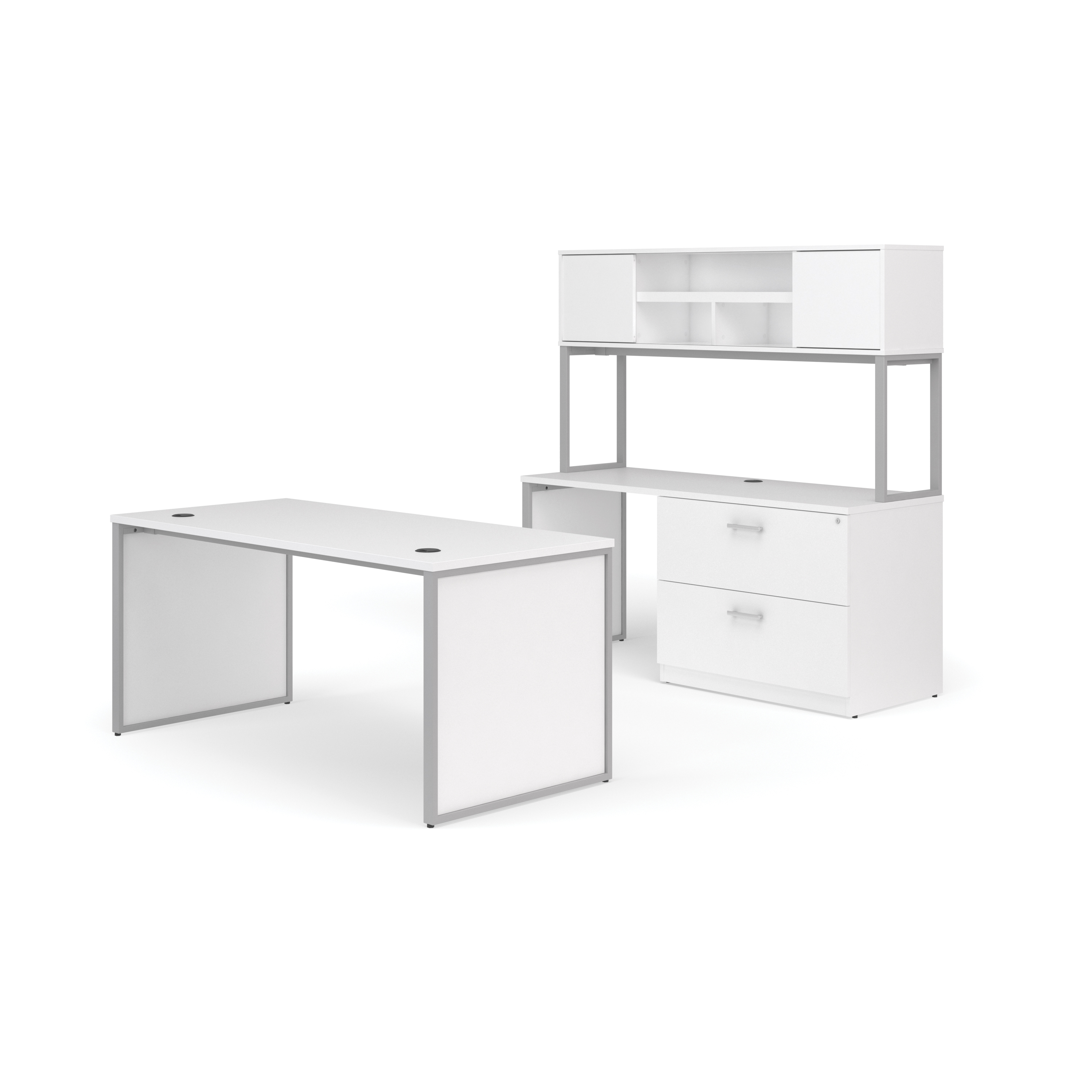 OFM Fulcrum Series Office Furniture Set, 66" Table Desk, 66" Credenza, Lateral Filing Cabinet, Hutch, Leg Panels, in White