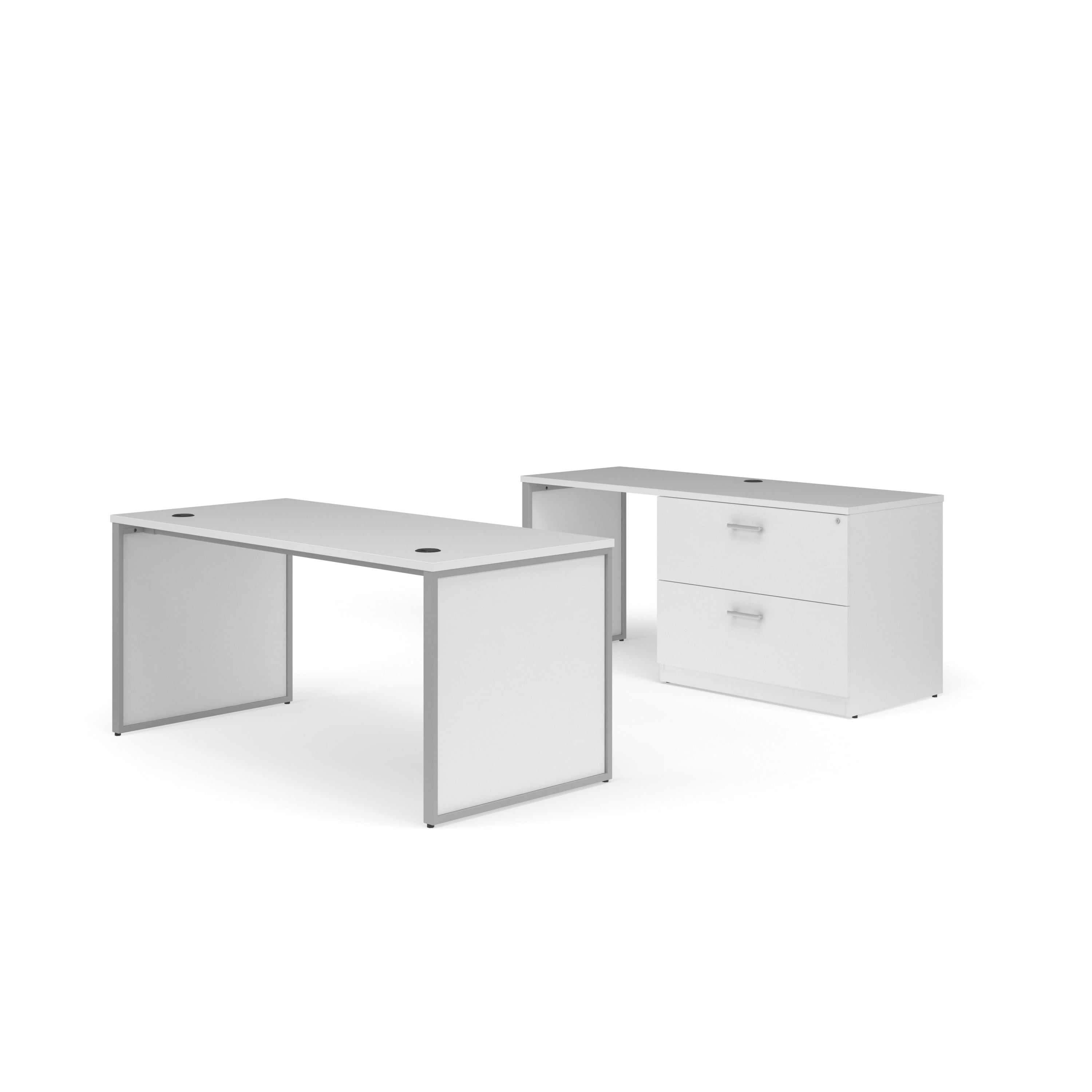 OFM Fulcrum Series Office Furniture Set, 66" Table Desk, 66" Credenza, Lateral Filing Cabinet, Leg Panels, in White