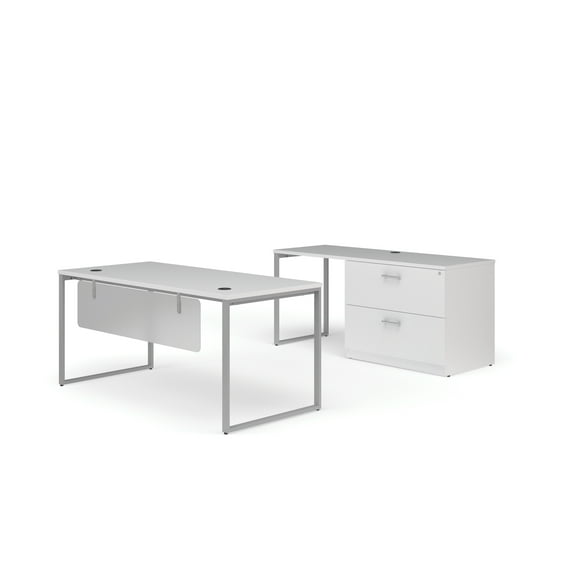 OFM Fulcrum Series Office Furniture Set, 66" Table Desk, 66" Credenza, Lateral Filing Cabinet, Modesty Panel, in White