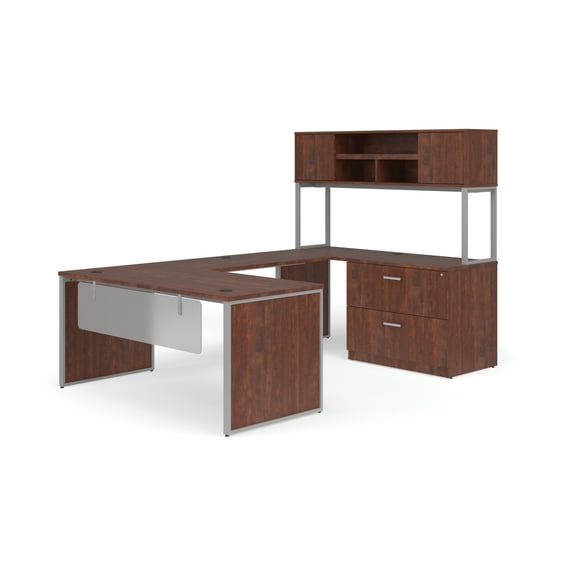 OFM Fulcrum Series Office Furniture Set, 66" U-Shaped Desk with Bridge, Credenza, Lateral Filing Cabinet, 66" Hutch, Leg Panels, Modesty Panels, in Cherry