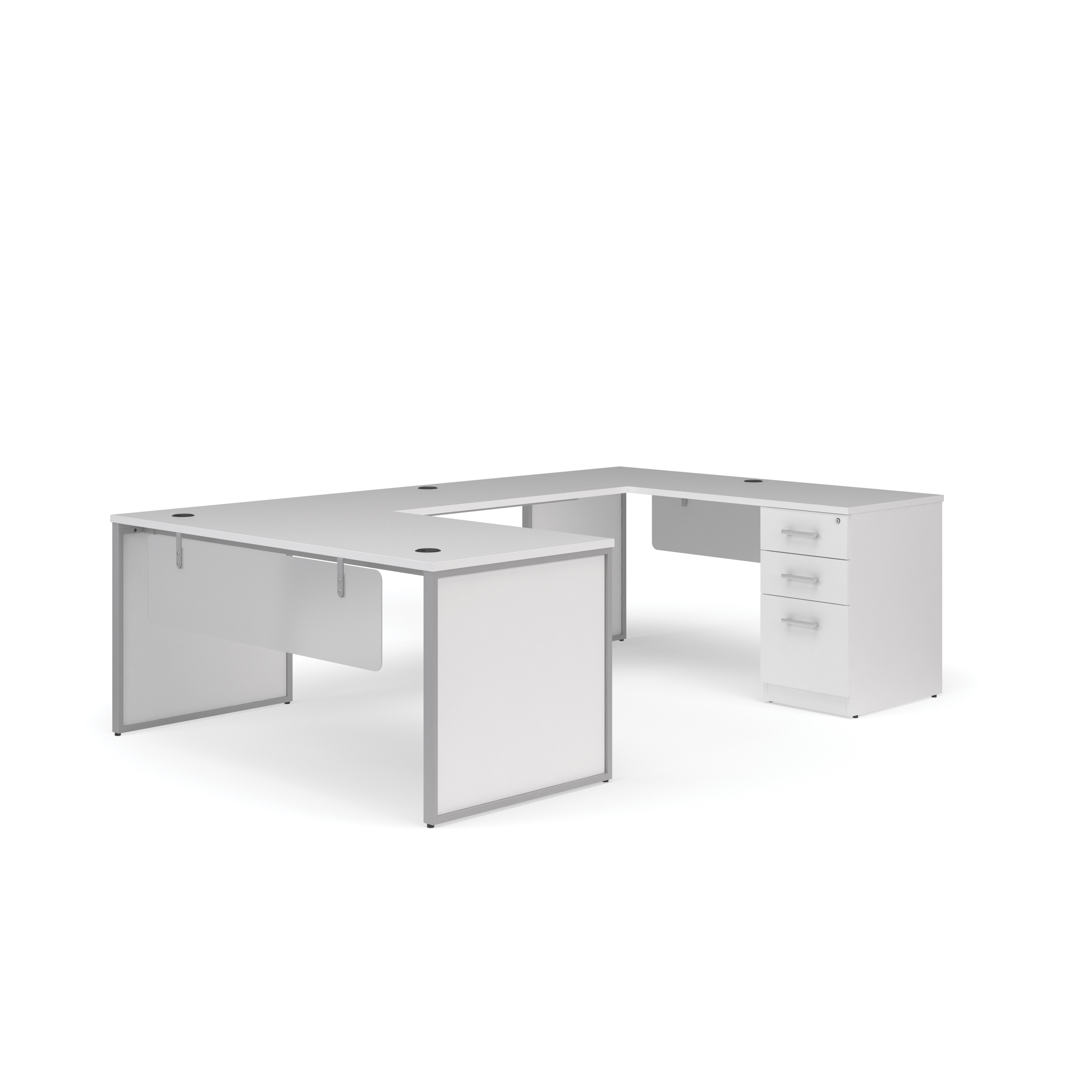 OFM Fulcrum Series Office Furniture Set, 66" U-Shaped Desk with Bridge, Credenza, 3-drawer Filing Cabinet, Leg Panels, Modesty Panels, in White