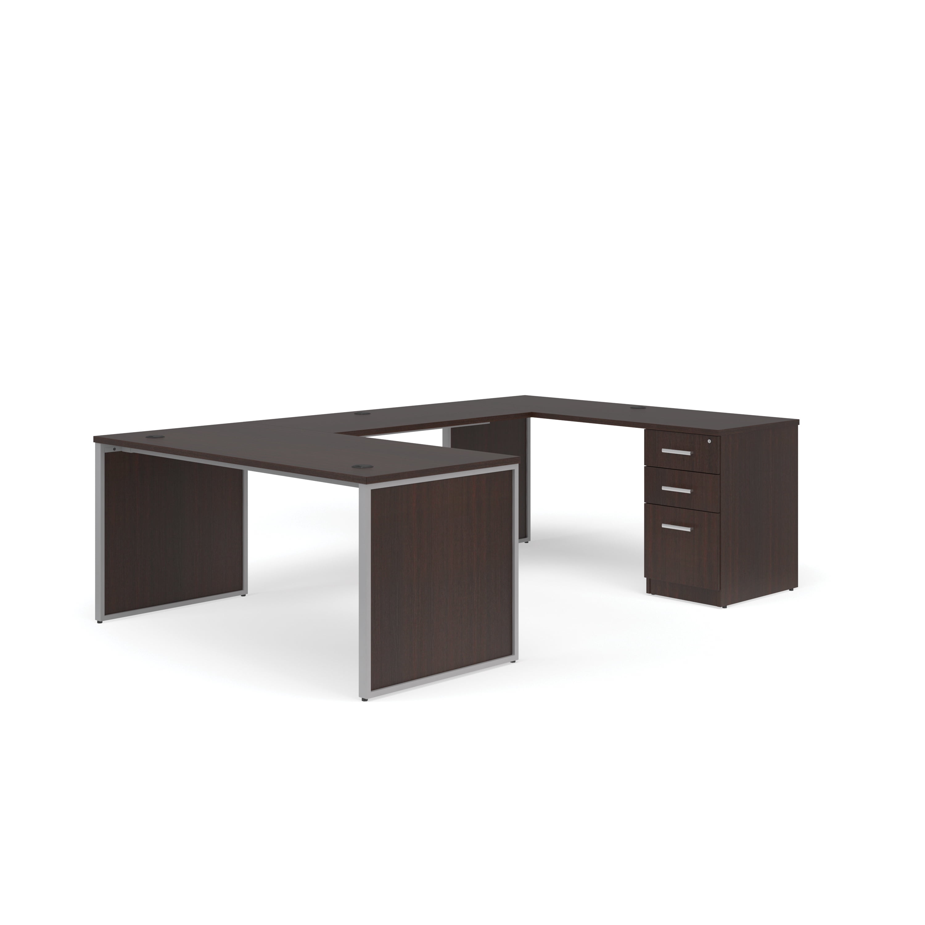 OFM Fulcrum Series Office Furniture Set, 66" U-Shaped Desk with Bridge, Credenza, 3-drawer Filing Cabinet, Leg Panels, in Espresso