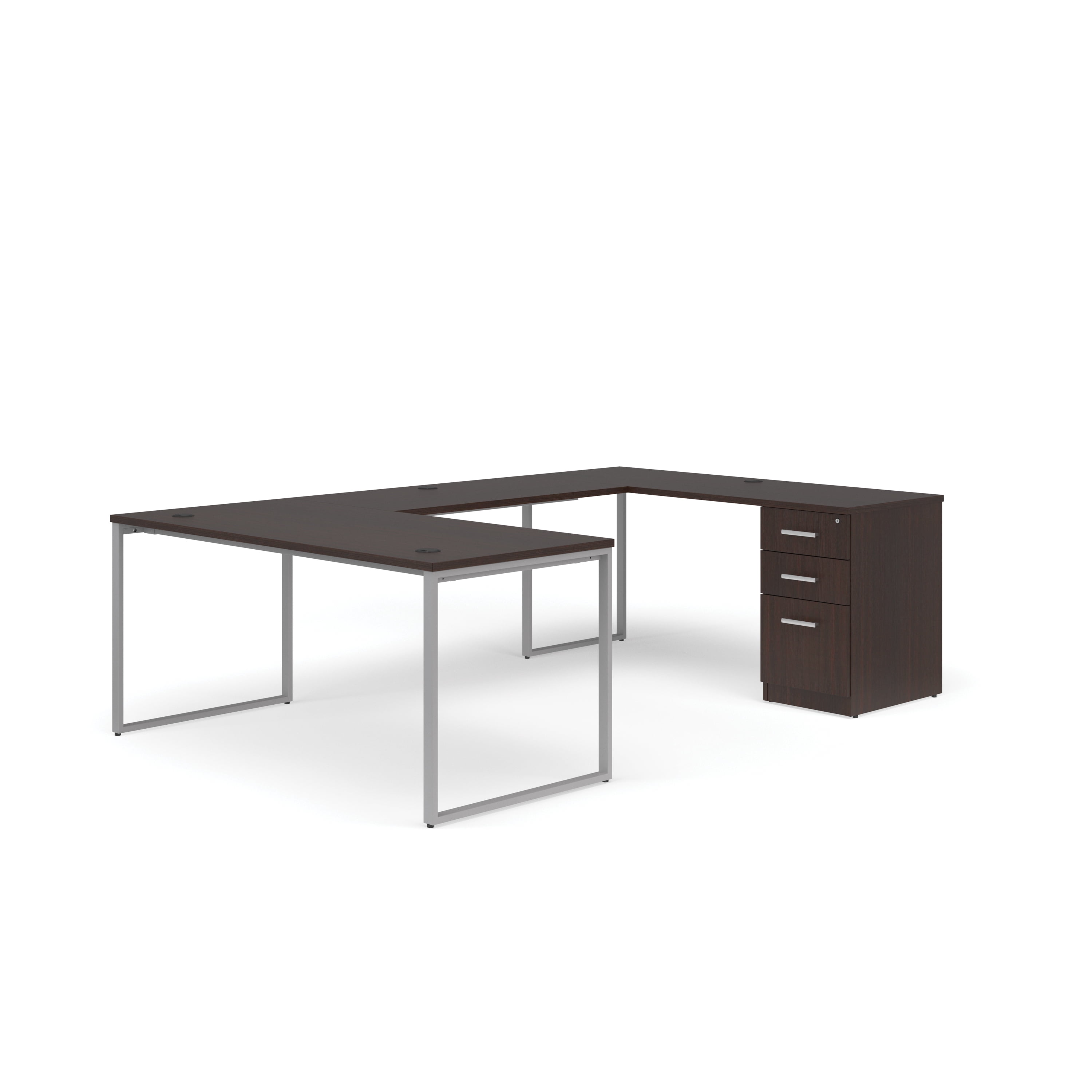 OFM Fulcrum Series Office Furniture Set, 66" U-Shaped Desk with Bridge, Credenza, 3-drawer Filing Cabinet, in Espresso