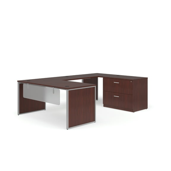 OFM Fulcrum Series Office Furniture Set, 66" U-Shaped Desk with Bridge, Credenza, Lateral Filing Cabinet, Leg Panels, Modesty Panels, in Mahogany