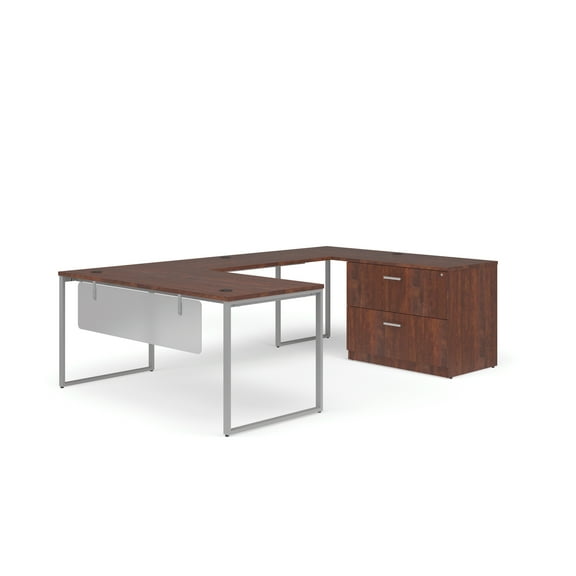 OFM Fulcrum Series Office Furniture Set, 66" U-Shaped Desk with Bridge, Credenza, Lateral Filing Cabinet, Modesty Panels, in Cherry