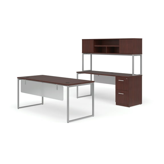 OFM Fulcrum Series Office Furniture Set, 72" Table Desk, 72" Credenza, Lateral 2-drawer Filing Cabinet, Hutch, Modesty Panel, in Mahogany