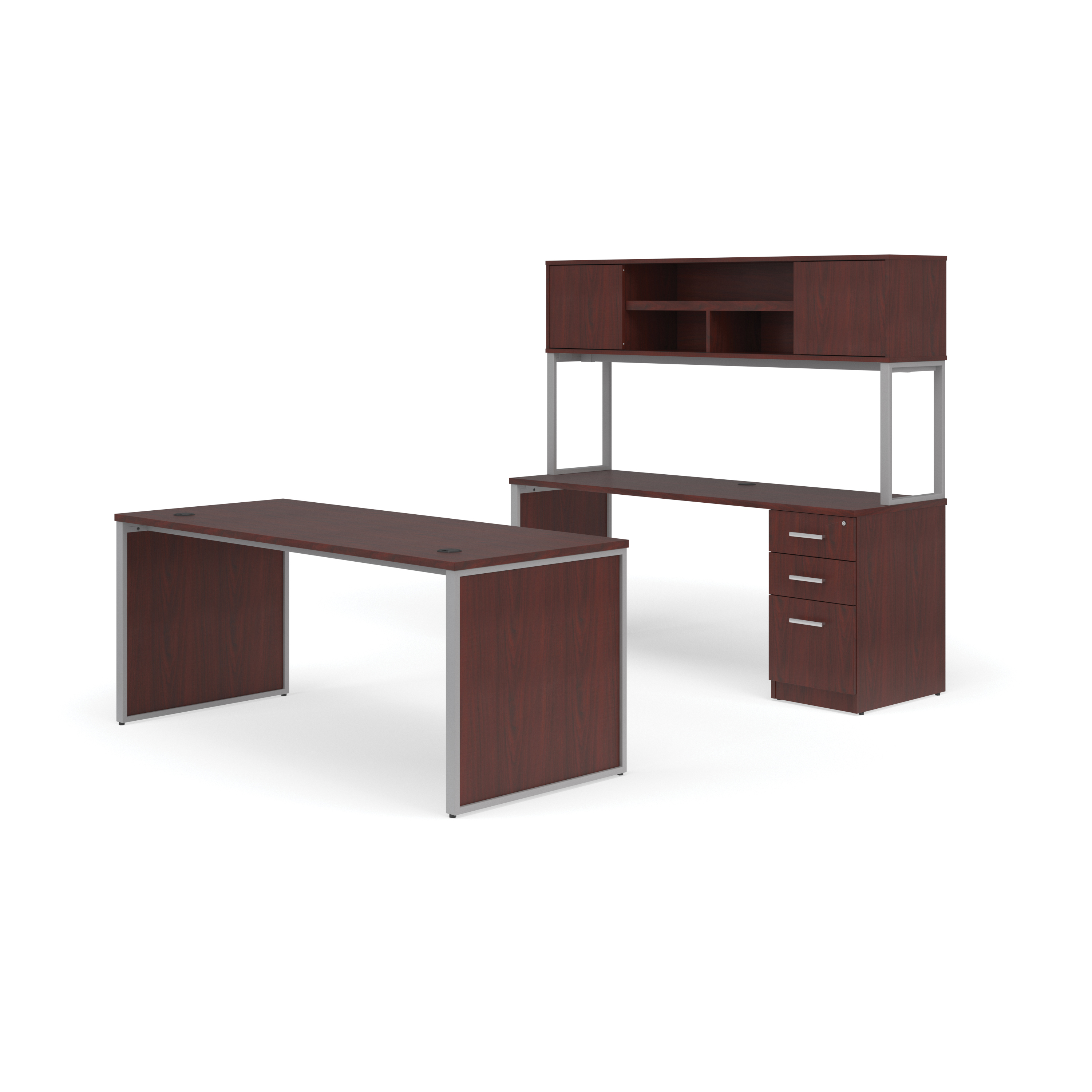 OFM Fulcrum Series Office Furniture Set, 72" Table Desk, 72" Credenza, Lateral 3-drawer Filing Cabinet, Hutch, Leg Panels, in Mahogany