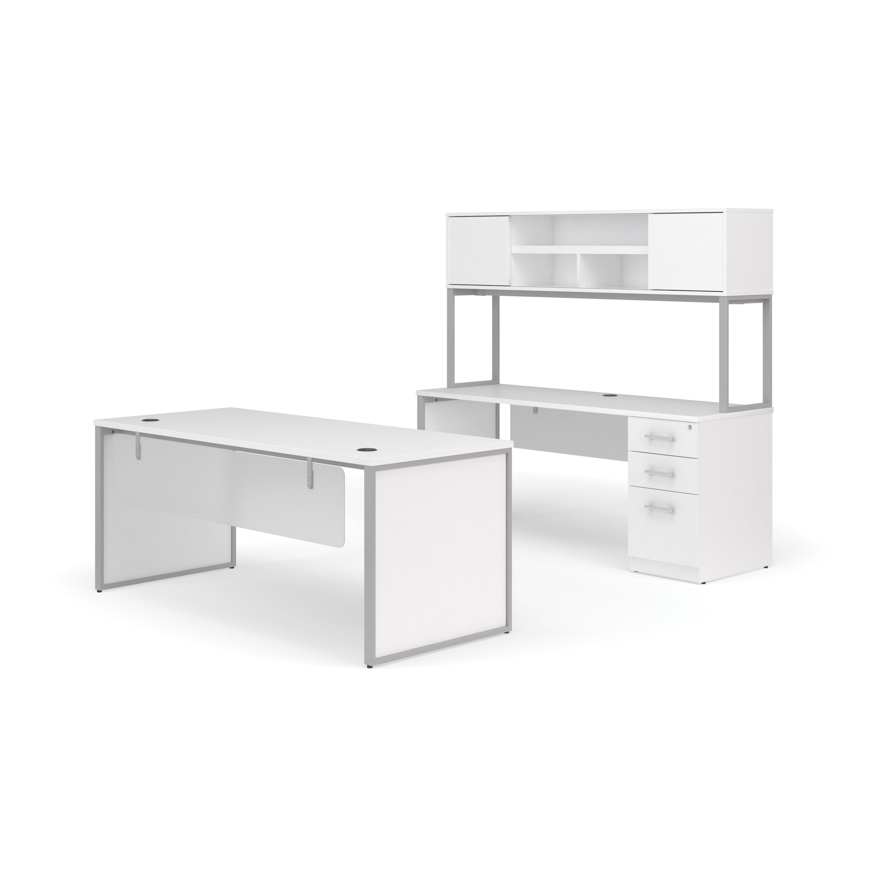 OFM Fulcrum Series Office Furniture Set, 72" Table Desk, 72" Credenza, Lateral 3-drawer Filing Cabinet, Hutch, Modesty Panel, Leg Panels, in White