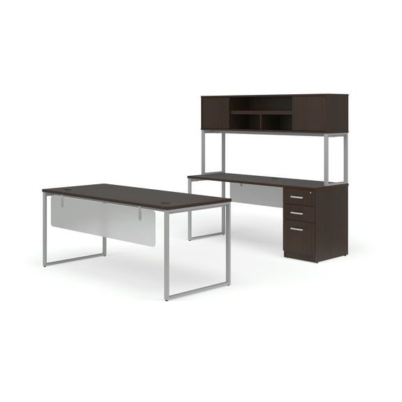 OFM Fulcrum Series Office Furniture Set, 72" Table Desk, 72" Credenza, Lateral 3-drawer Filing Cabinet, Hutch, Modesty Panel, in Espresso