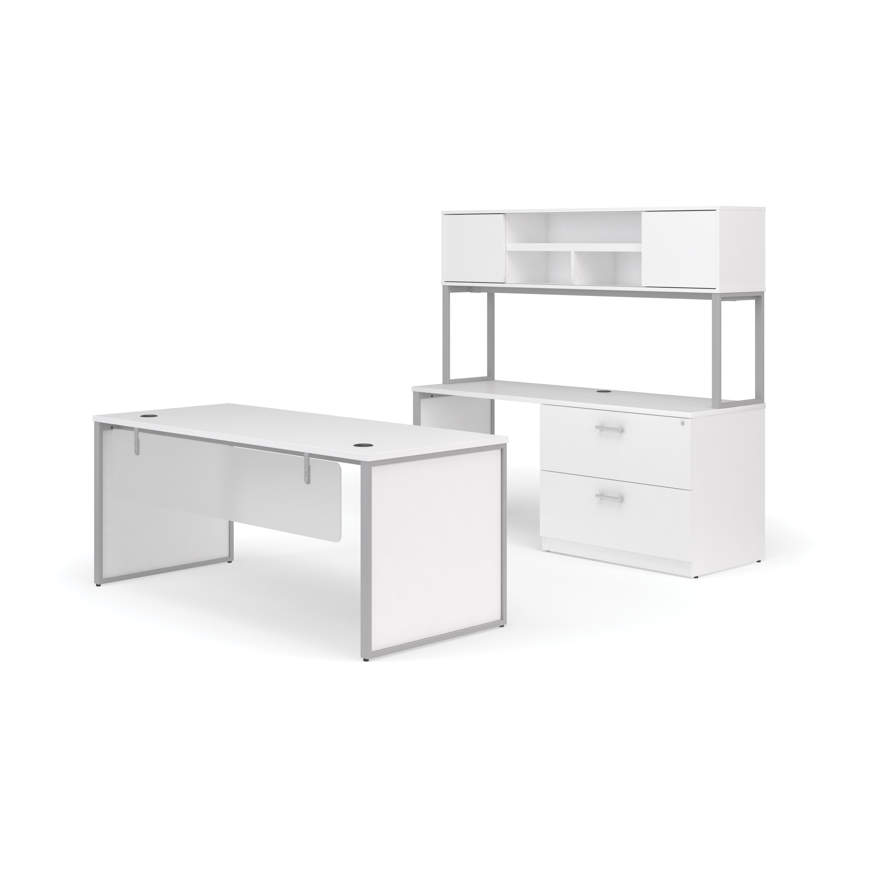 OFM Fulcrum Series Office Furniture Set, 72" Table Desk, 72" Credenza, Lateral Filing Cabinet, Hutch, Modesty Panel, Leg Panels, in White