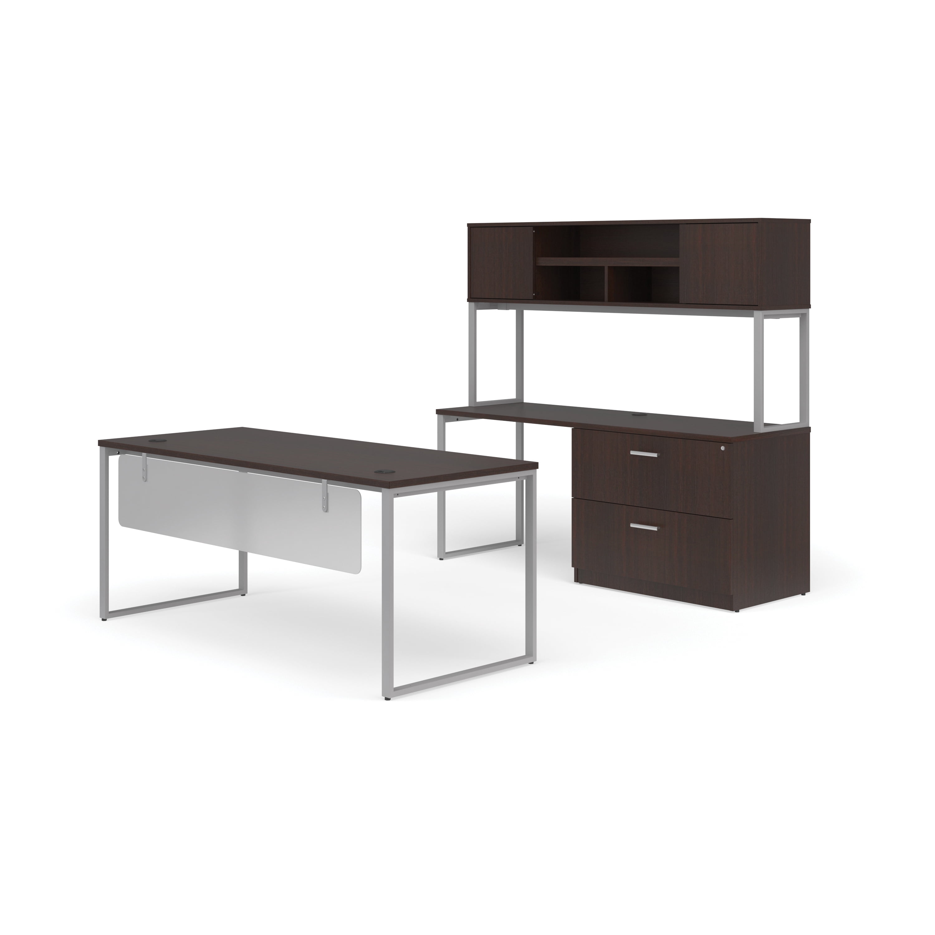OFM Fulcrum Series Office Furniture Set, 72" Table Desk, 72" Credenza, Lateral Filing Cabinet, Hutch, Modesty Panel, in Espresso