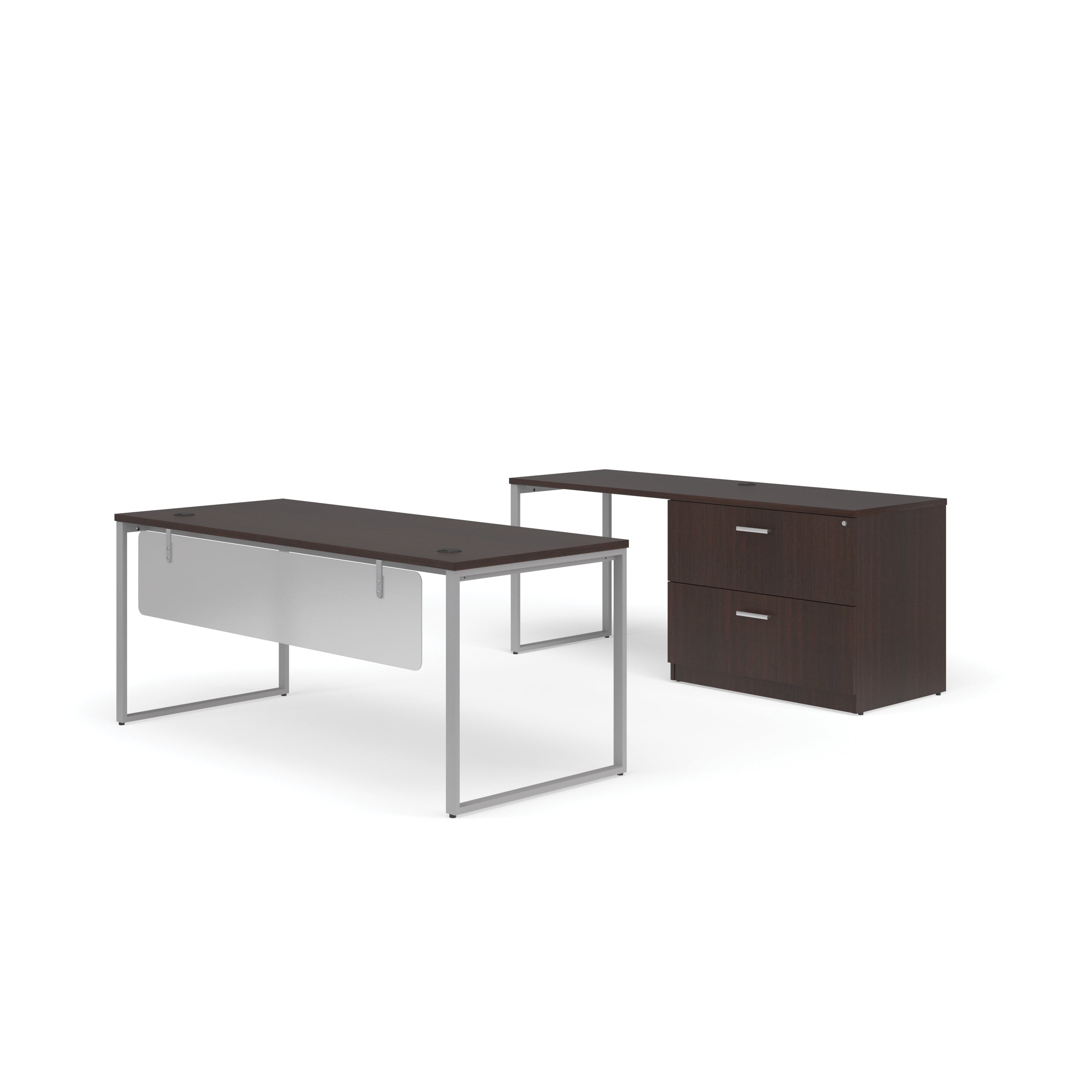 OFM Fulcrum Series Office Furniture Set, 72" Table Desk, 72" Credenza, Lateral Filing Cabinet, Modesty Panel, in Espresso