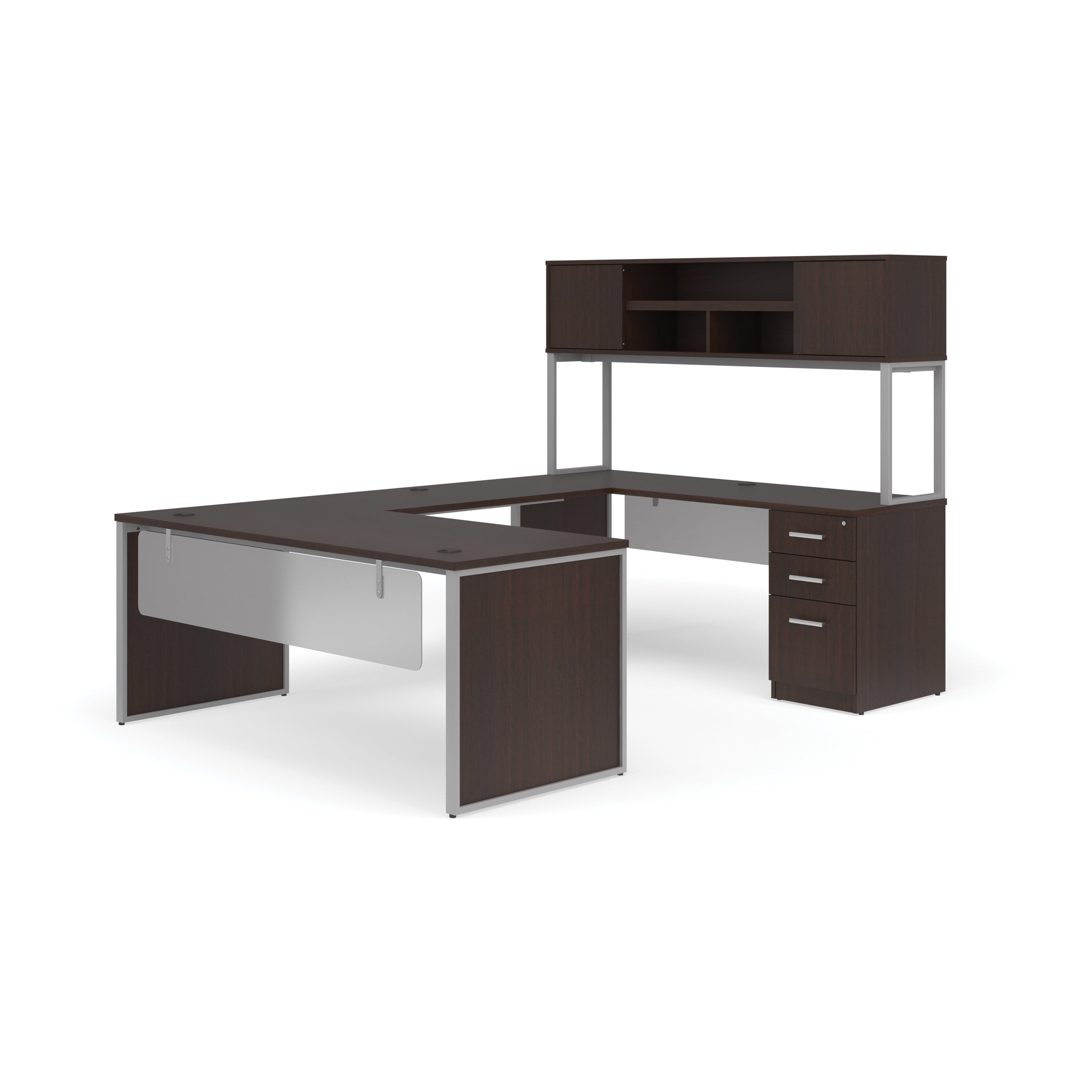 OFM Fulcrum Series Office Furniture Set, 72" U-Shaped Desk with Bridge, 72" Credenza, Filing Cabinet, 72" Hutch, Leg Panels, Modesty Panels, in Espresso