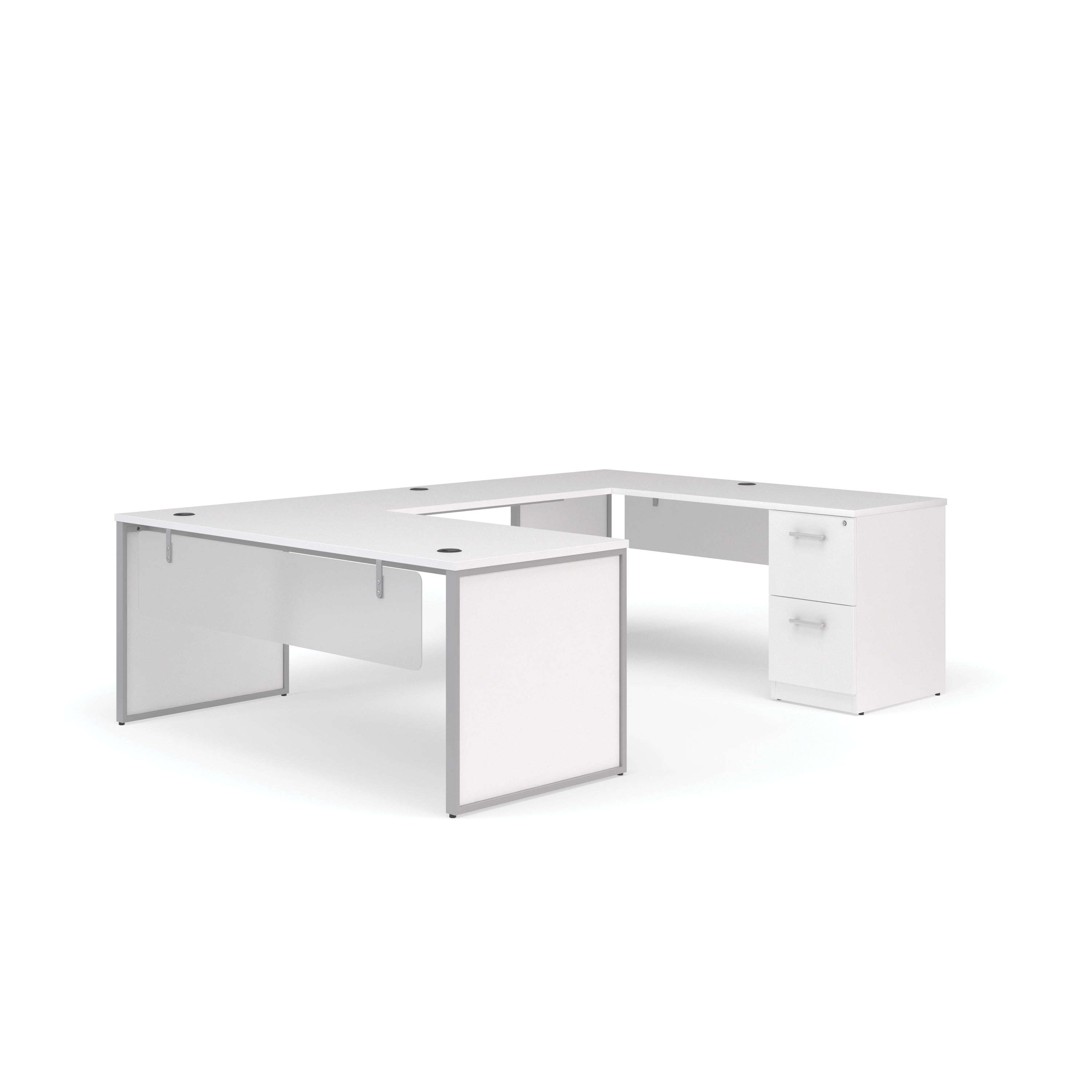OFM Fulcrum Series Office Furniture Set, 72" U-Shaped Desk with Bridge, Credenza, 2-drawer Filing Cabinet, Leg Panels, Modesty Panels, in White