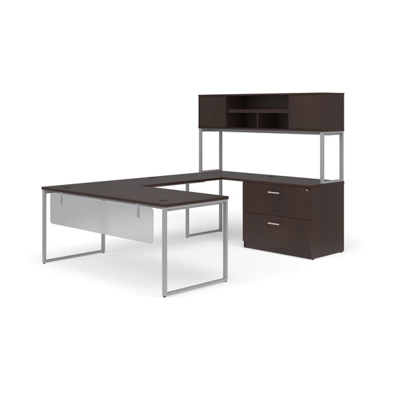 OFM Fulcrum Series Office Furniture Set, 72" U-Shaped Desk with Bridge, Credenza, Lateral Filing Cabinet, 72" Hutch, Modesty Panels, in Espresso