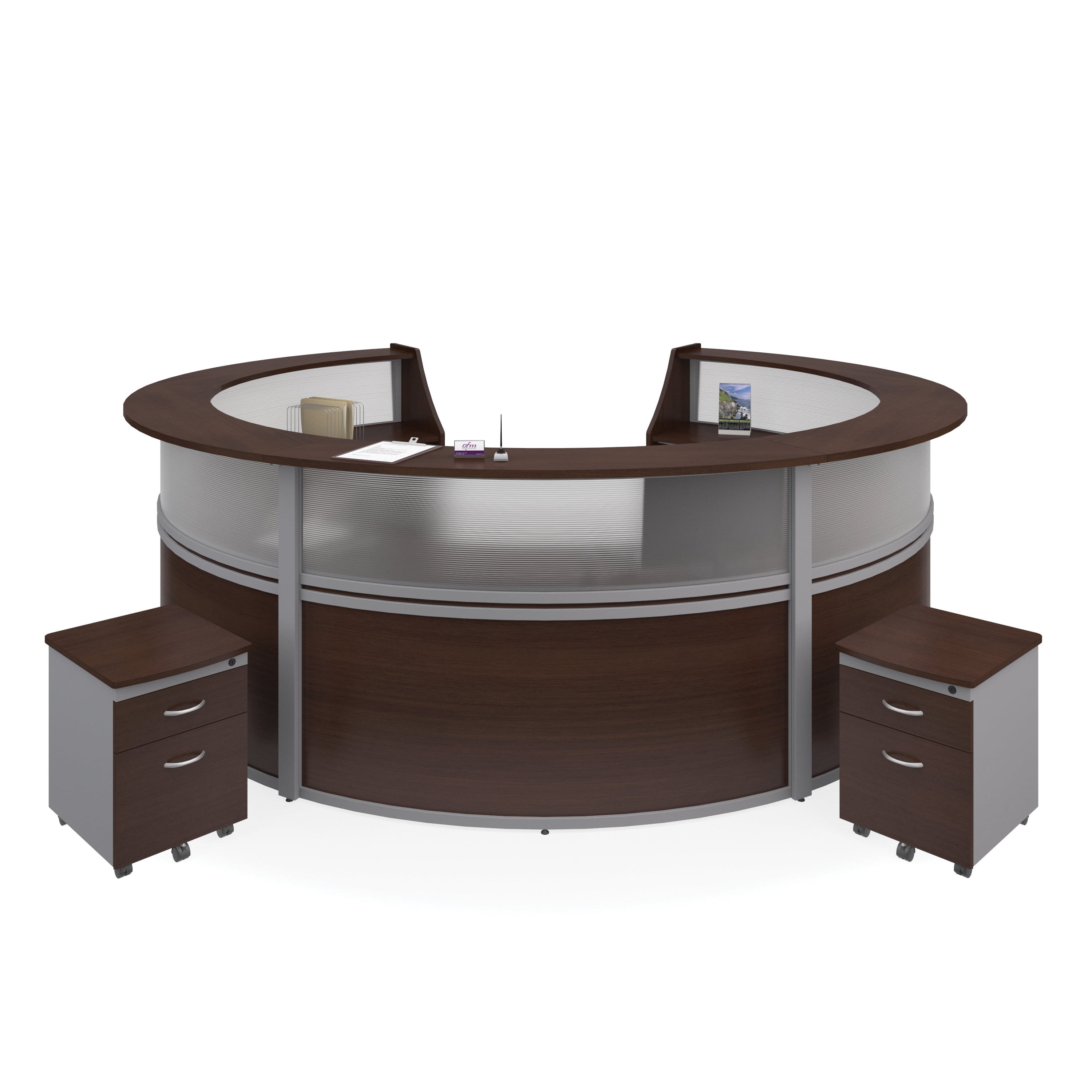 ofm marque plexi 5-unit reception station - office furniture receptionist/secretary desk with two walnut pedestals (pkg-55316-walnut)