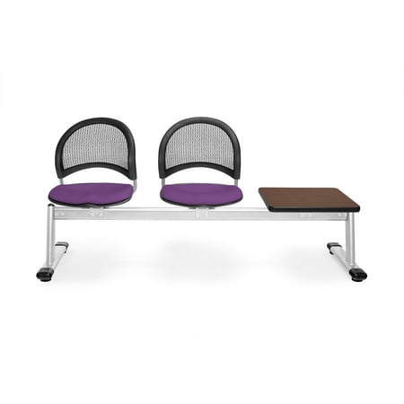 OFM Moon Series Model 333T 3-Unit Beam Seating with 2 Fabric Seats & 1 Table, Plum with Mahogany