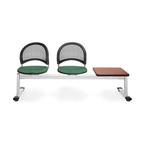 OFM Moon Series Model 333T 3-Unit Beam Seating with 2 Fabric Seats & 1 Table, Shamrock Green with Cherry
