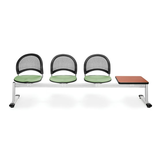 OFM Moon Series Model 334T 4-Unit Beam Seating with 3 Fabric Seats & 1 Table, Sage Green with Cherry
