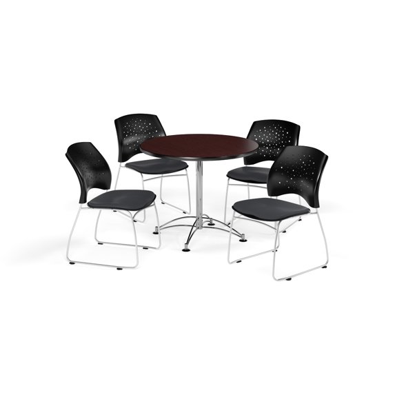 OFM Multi-Use Break Room Package, 36" Round Table with Stars Stack Chairs, Mahogany Finish with Chrome-Plated Steel Base and Slate Gray Seats (PKG-BRK-167)