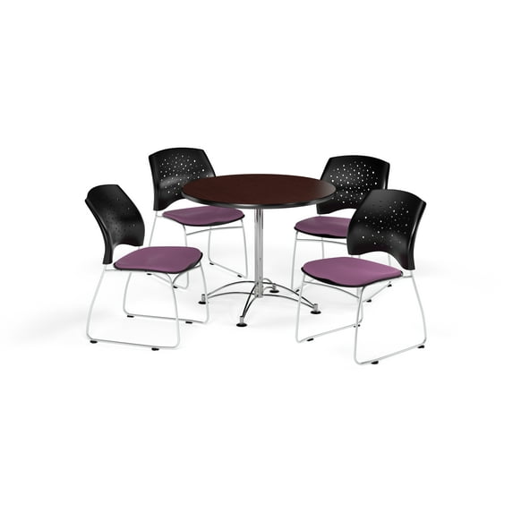 OFM Multi-Use Break Room Package, 36" Round Table with Stars Stack Chairs, Mahogany Finish with Chrome-Plated Steel Base and Plum Seats (PKG-BRK-167)