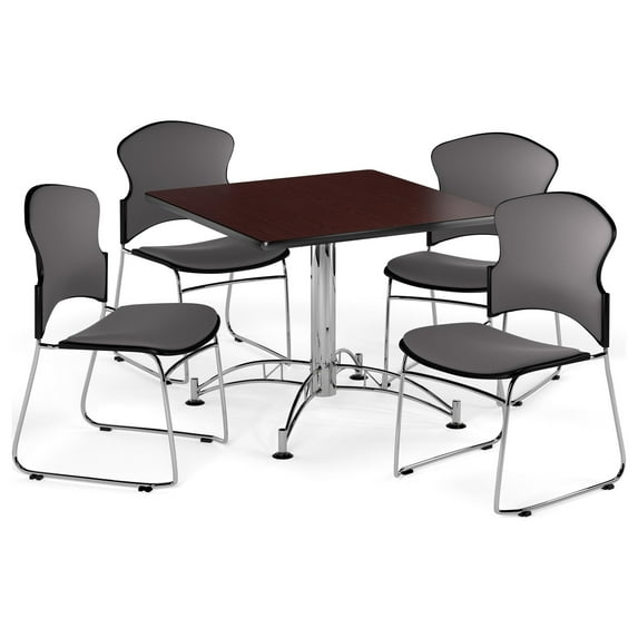 OFM Multi-Use Break Room Package, 36" Square Table with Fabric Stack Chairs, Mahogany Finish with Chrome-Plated Steel Base and Black Seats (PKG-BRK-042)