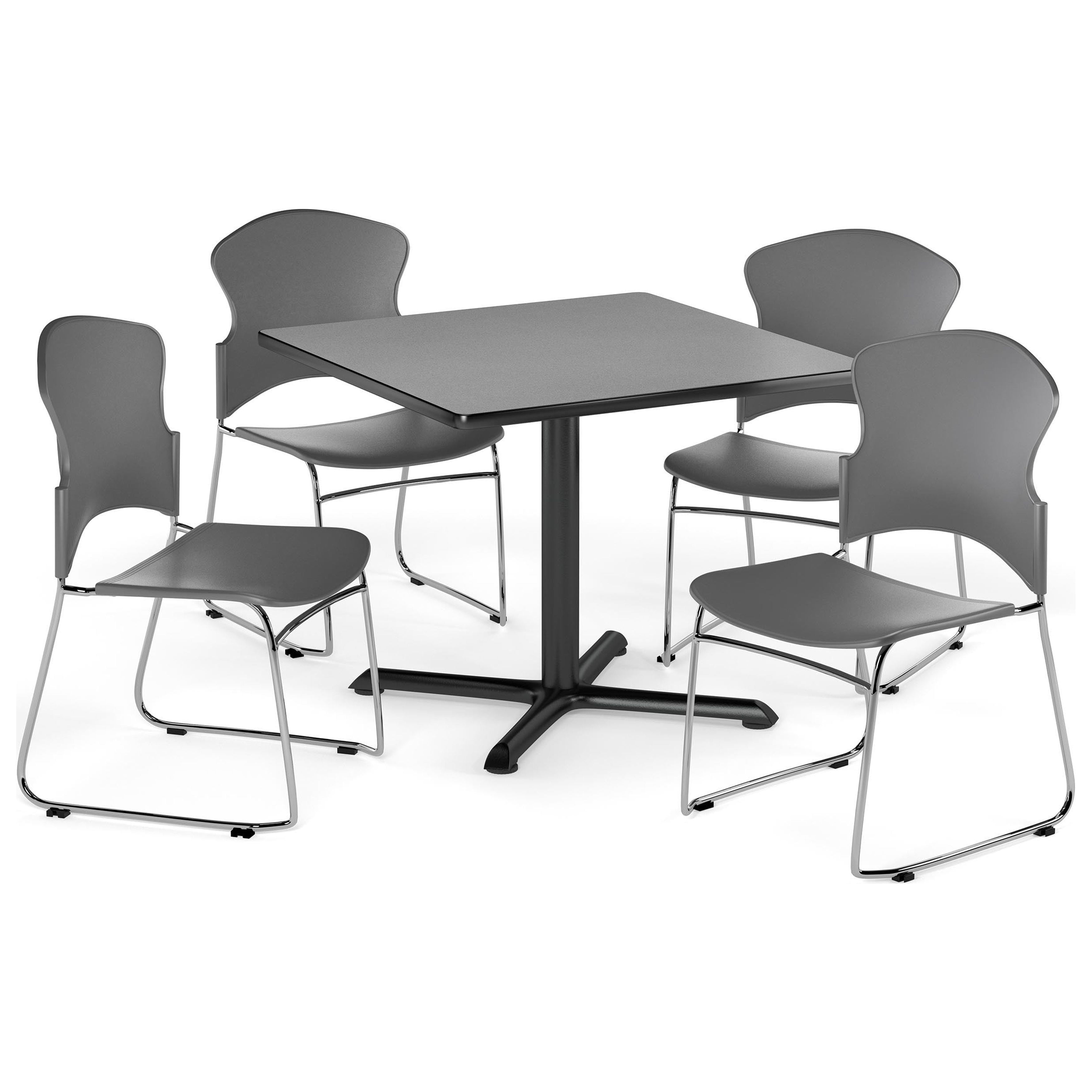 OFM Multi-Use Break Room Package, 36" Square Table with Plastic Stack Chairs, Gray Nebula Finish with X-Style Pedestal Base and Black Seats (PKG-BRK-034)