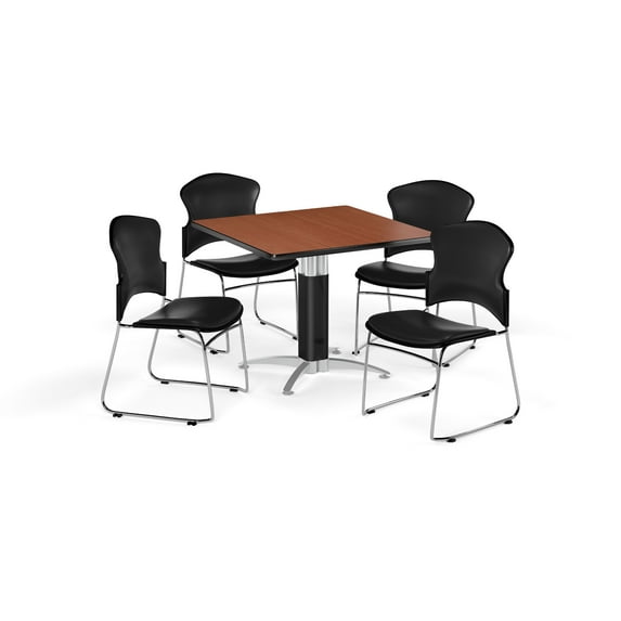 OFM Multi-Use Break Room Package, 36" Square Table with Vinyl Stack Chairs, Cherry Finish with Metal Mesh Base and Black Seats (PKG-BRK-062)