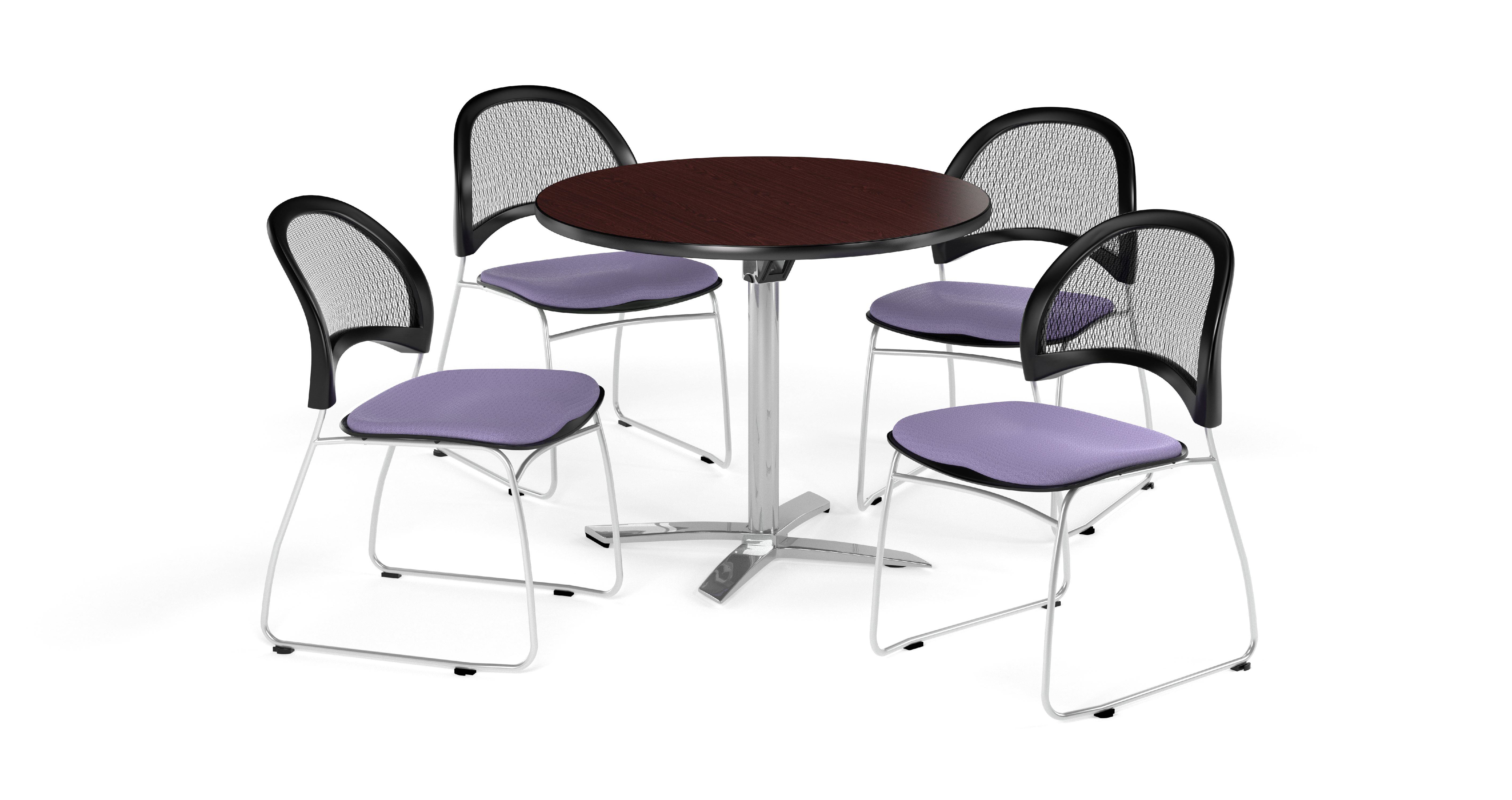 OFM Multi-Use Break Room Package, 42" Round Flip-Top Table with Moon Stack Chairs, Mahogany Finish with Lavender Seats (PKG-BRK-171)