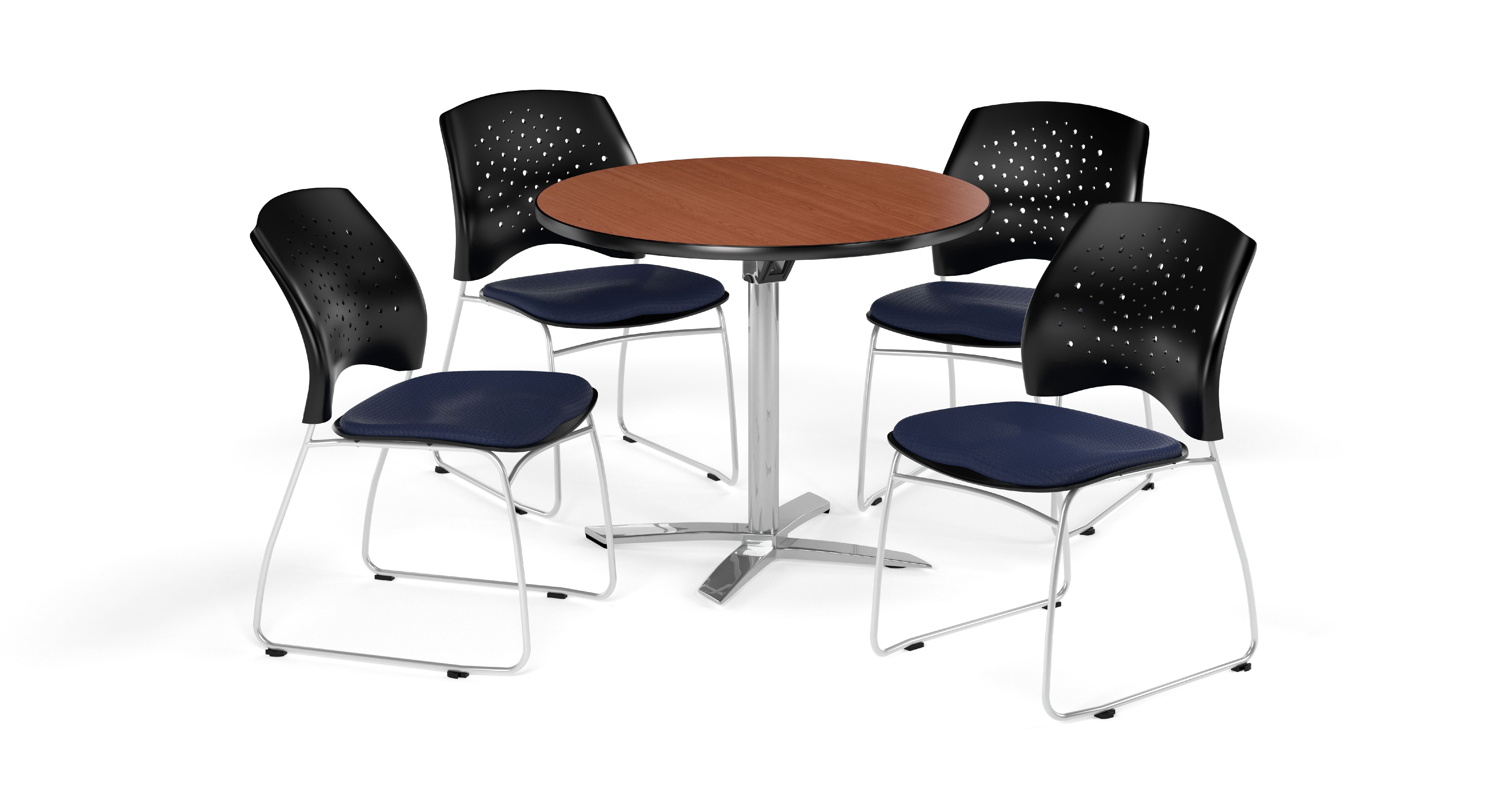OFM Multi-Use Break Room Package, 42" Round Flip-Top Table with Stars Stack Chairs, Cherry Finish with Navy Seats (PKG-BRK-166)