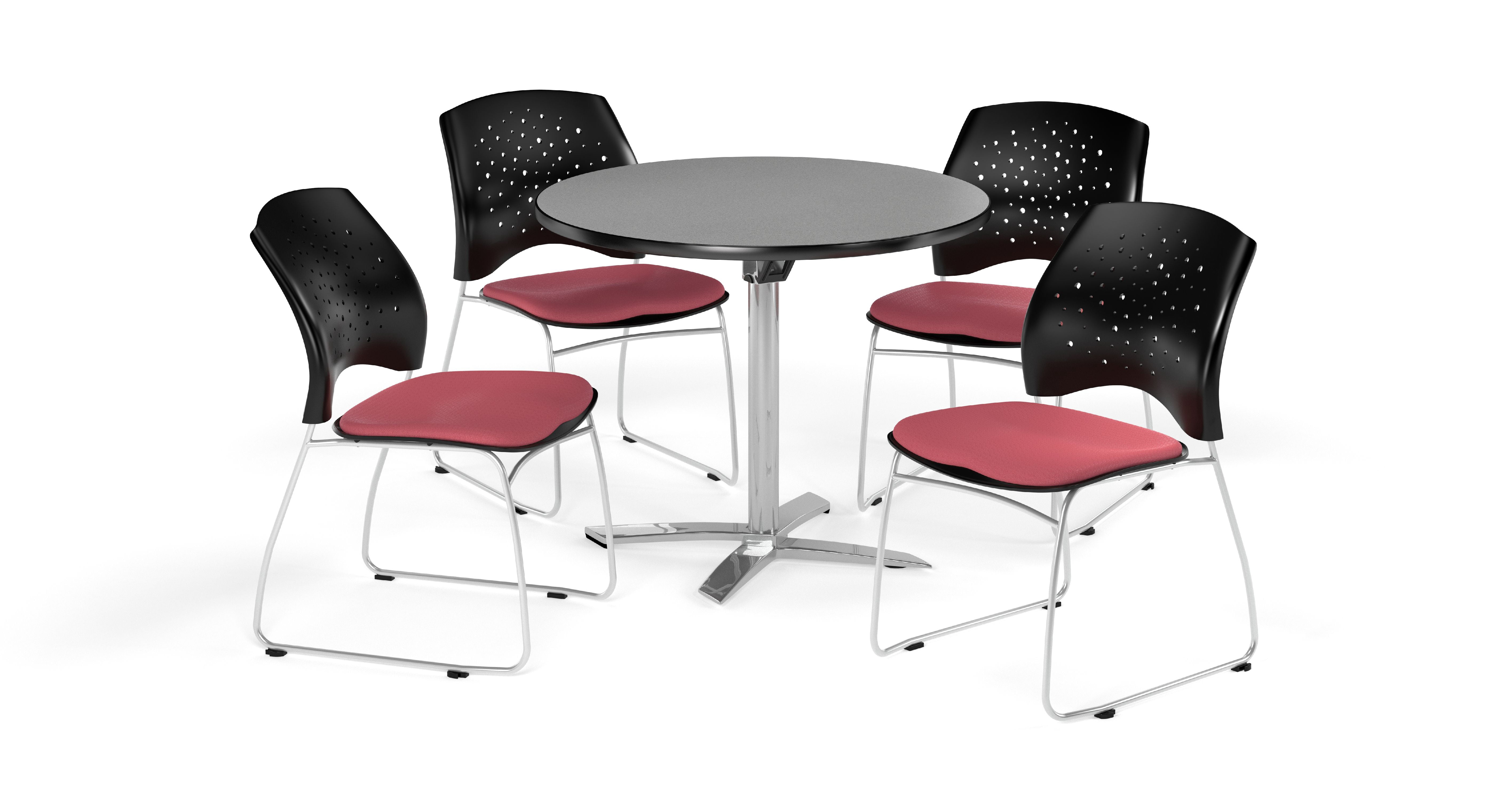 OFM Multi-Use Break Room Package, 42" Round Flip-Top Table with Stars Stack Chairs, Gray Nebula Finish with Coral Pink Seats (PKG-BRK-166)