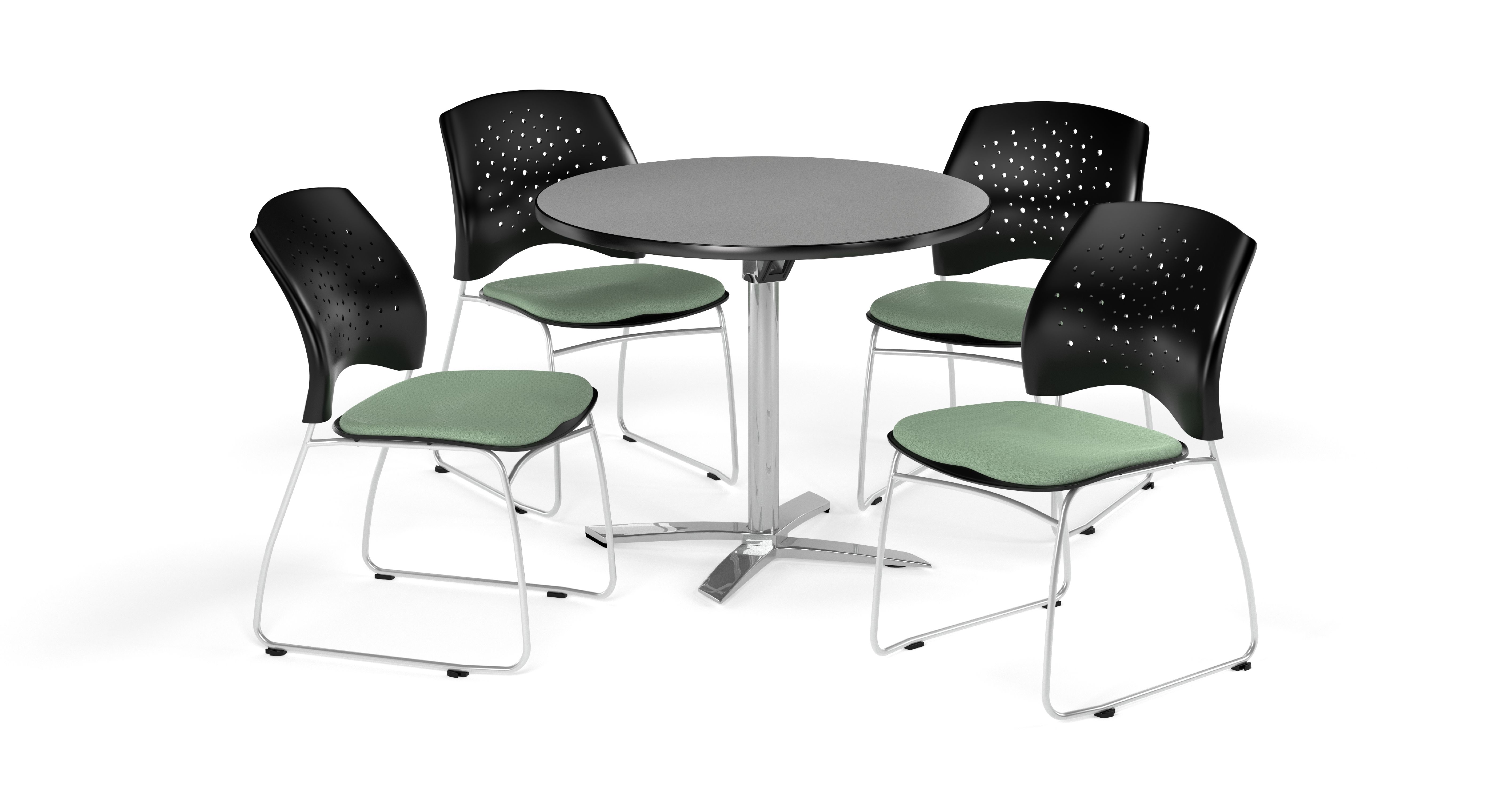 OFM Multi-Use Break Room Package, 42" Round Flip-Top Table with Stars Stack Chairs, Gray Nebula Finish with Sage Green Seats (PKG-BRK-166)
