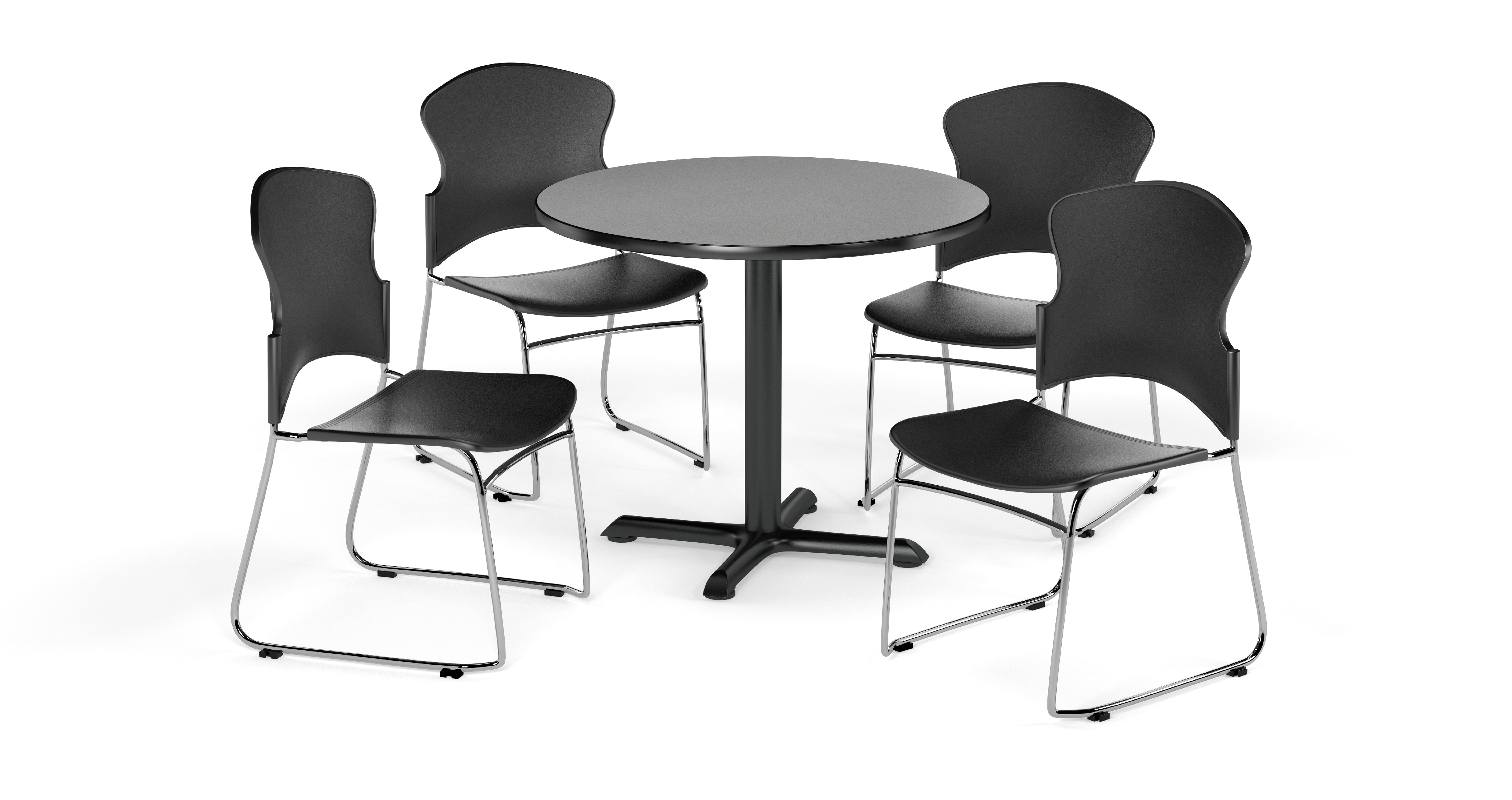 OFM Multi-Use Break Room Package, 42" Round Table with Plastic Stack Chairs, Gray Nebula Finish with X-Style Pedestal Base and Black Seats (PKG-BRK-035)