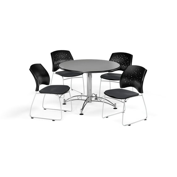 OFM Multi-Use Break Room Package, 42" Round Table with Stars Stack Chairs, Gray Nebula Finish with Chrome-Plated Steel Base and Slate Gray Seats (PKG-BRK-168)