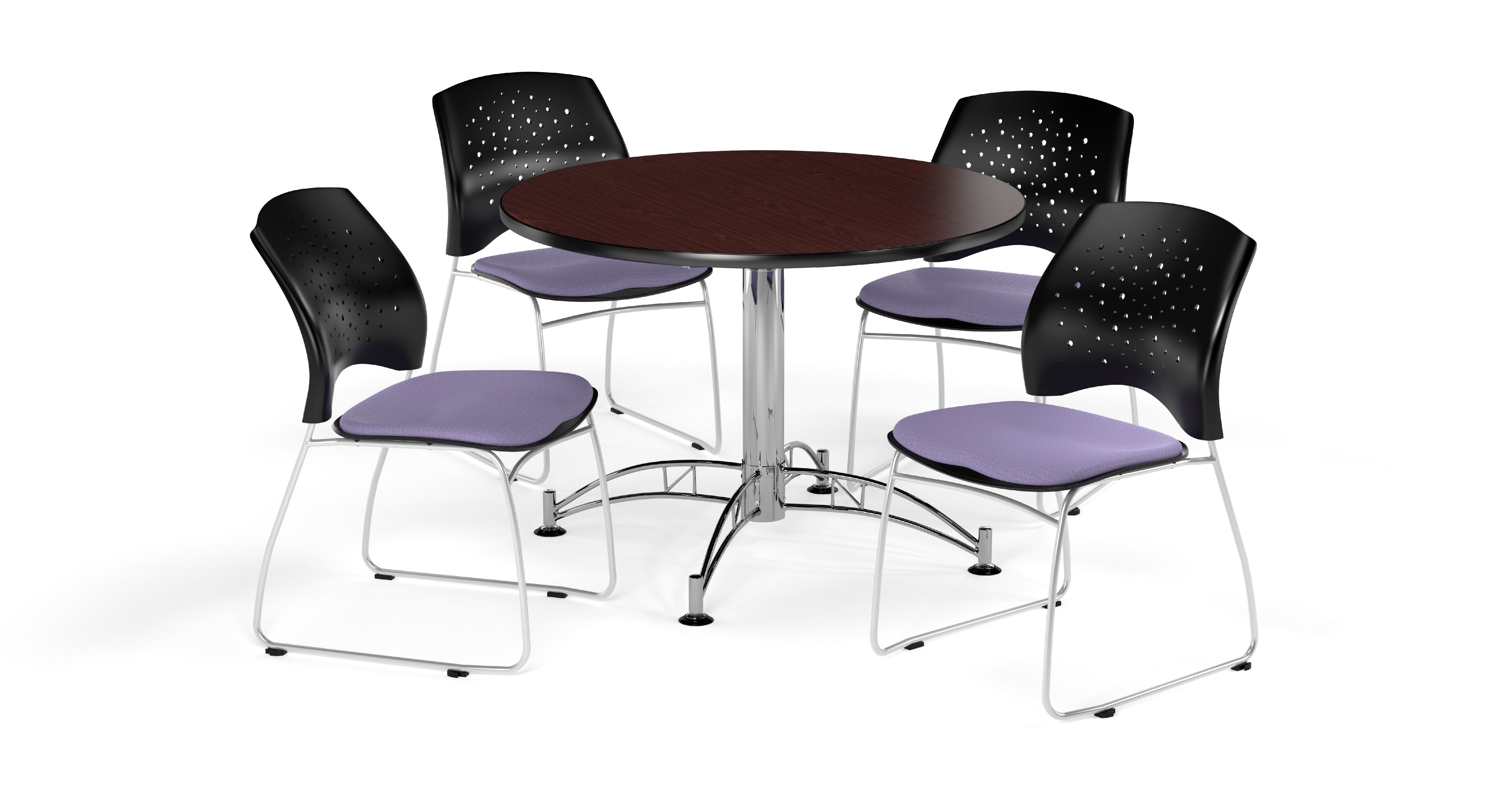 OFM Round Table 4 Fabric Stars Series Stack Chairs, Mahogany Finish with Chrome-Plated Steel Base and Lavender Seats, 42 inch