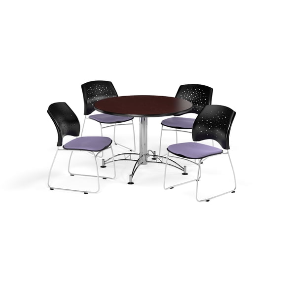 OFM Multi-Use Break Room Package, 42" Round Table with Stars Stack Chairs, Mahogany Finish with Chrome-Plated Steel Base and Lavender Seats (PKG-BRK-168)