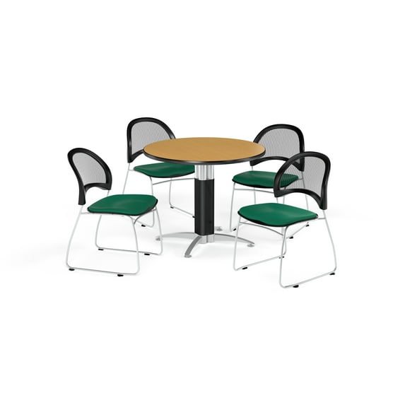 OFM Multi-Use Break Room Package, 42" Round Table with Moon Stack Chairs, Oak Finish with Metal Mesh Base and Shamrock Green Seats (PKG-BRK-175)