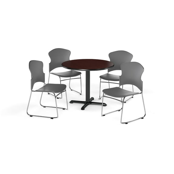 OFM Multi-Use Break Room Package, 42" Round Table with Plastic Stack Chairs, Mahogany Finish with X-Style Pedestal Base and Gray Seats (PKG-BRK-035)