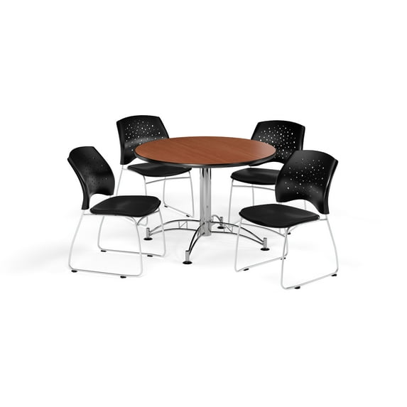 OFM Multi-Use Break Room Package, 42" Round Table with Stars Stack Chairs, Cherry Finish with Chrome-Plated Steel Base and Black Seats (PKG-BRK-168)