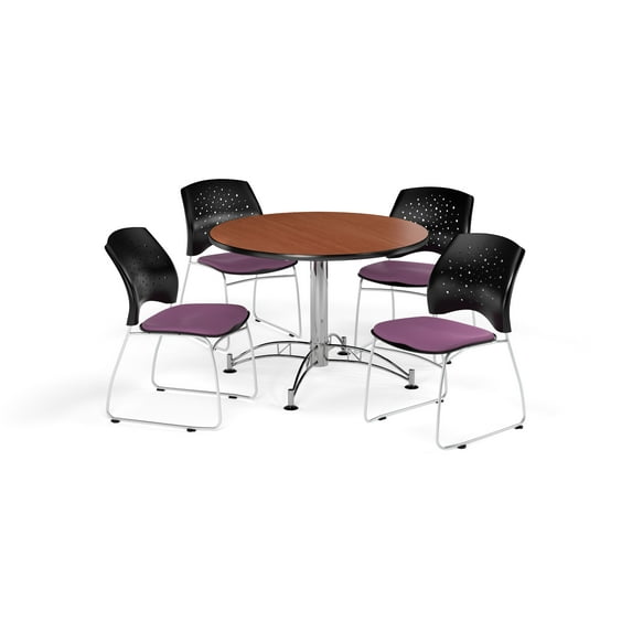 OFM Multi-Use Break Room Package, 42" Round Table with Stars Stack Chairs, Cherry Finish with Chrome-Plated Steel Base and Plum Seats (PKG-BRK-168)