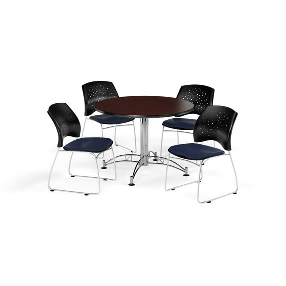 OFM Multi-Use Break Room Package, 42" Round Table with Stars Stack Chairs, Mahogany Finish with Chrome-Plated Steel Base and Navy Seats (PKG-BRK-168)